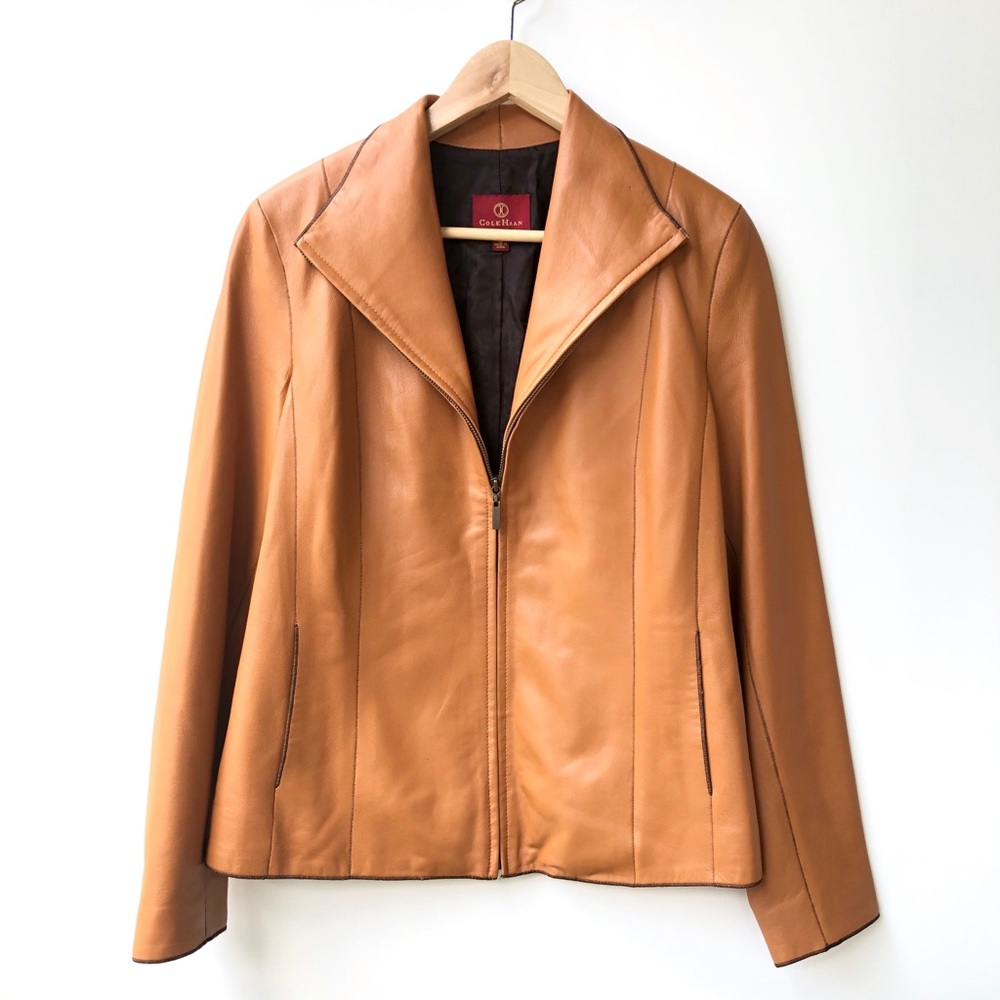 Cold Haan Brown Lamb skin leather zip up Jacket
